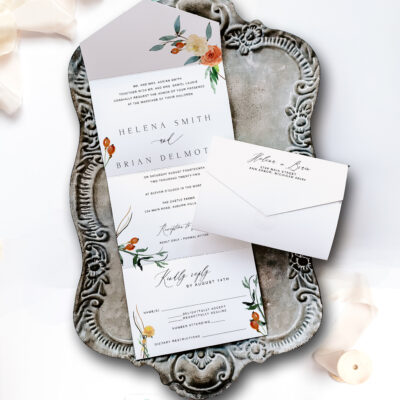 cortina wedding invitation on tray