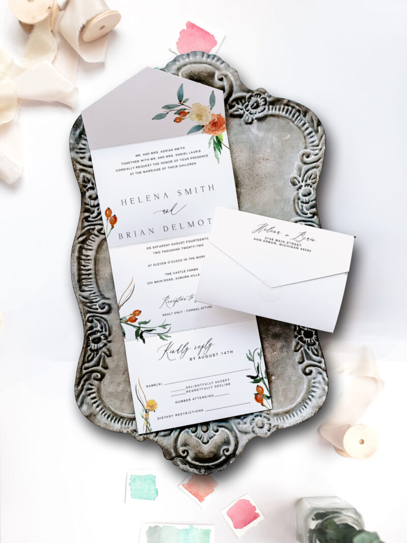 cortina wedding invitation on tray