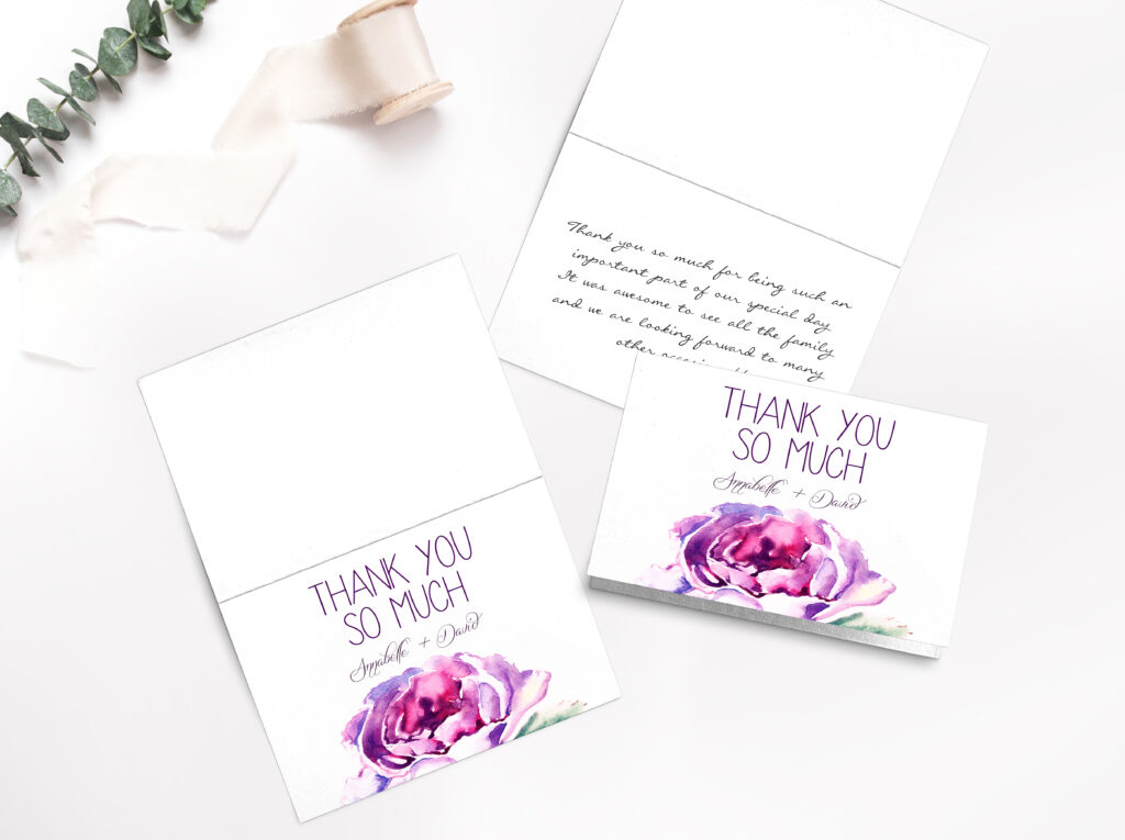 [vc_row][vc_column][vc_separator][vc_column_text]Our thank you cards can be created as 3.5x5 inch folded cards, blank inside for a hand written personal message, they can be created with or without a photo. They can also be set up as 4.5x6 inch cards printed front and back, featuring a photo on the front, and a 