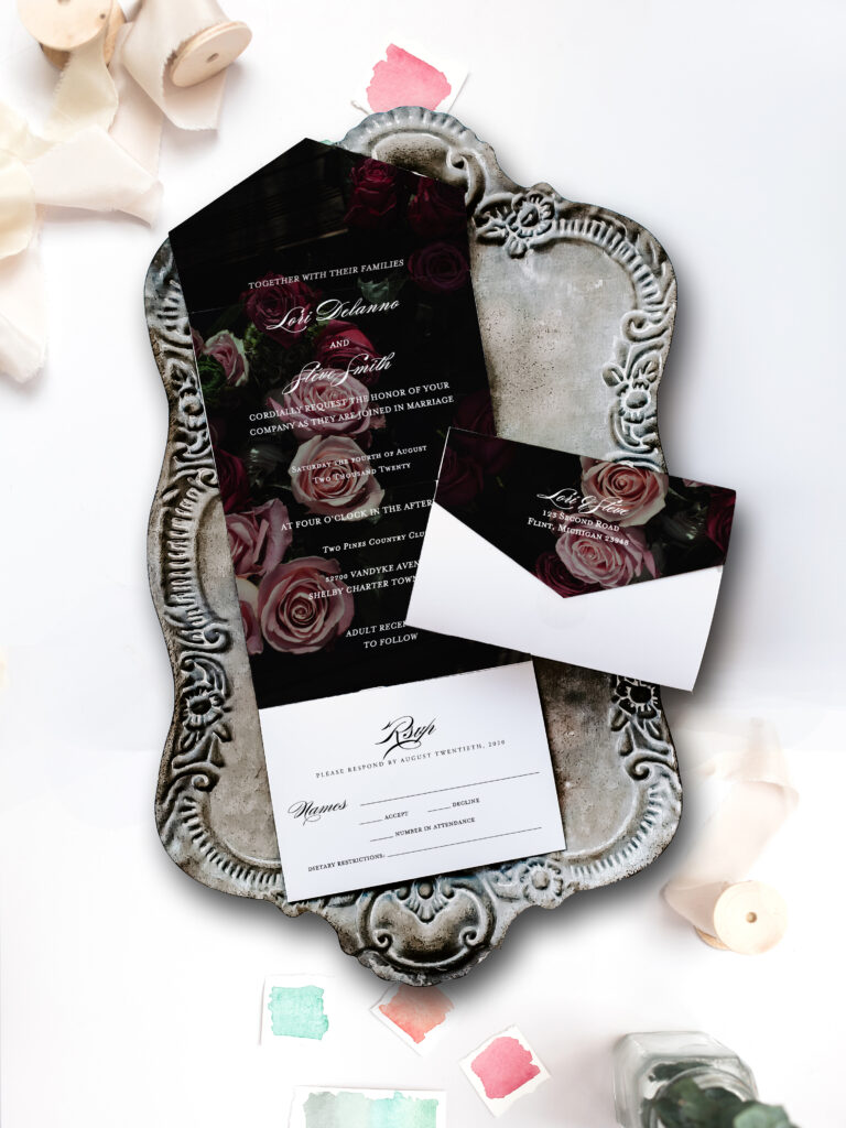 Volterra wedding invitation on tray