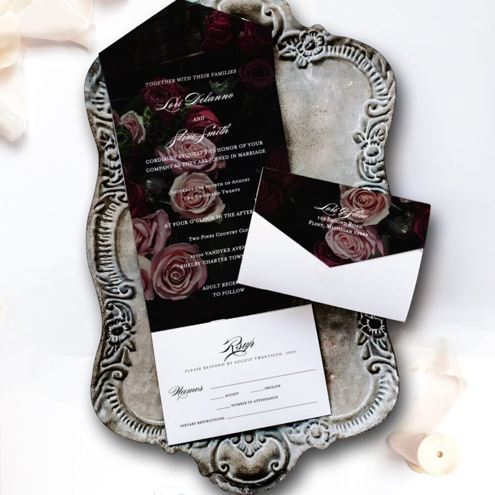 Volterra wedding invitation on tray