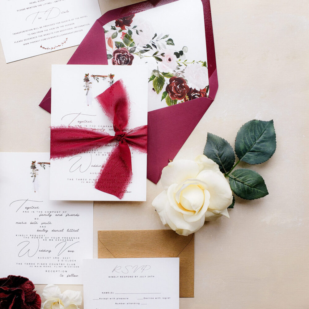 rustic burgundy wedding invitation