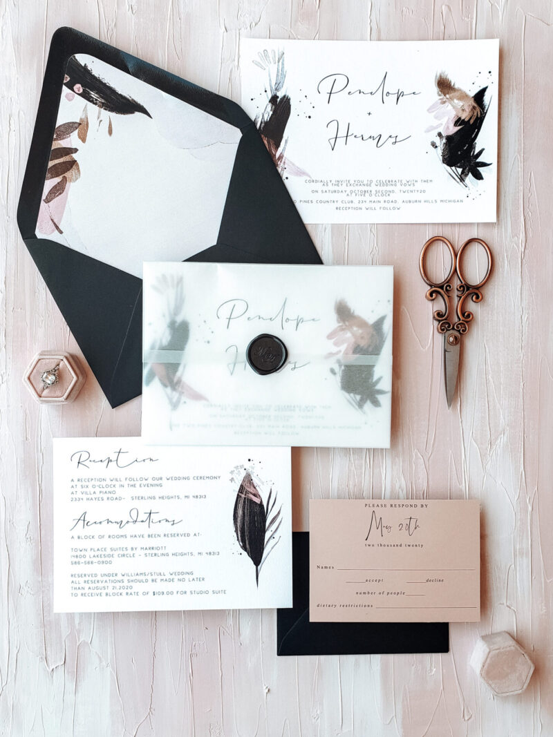 black envelopes with feather design and vintage scissors