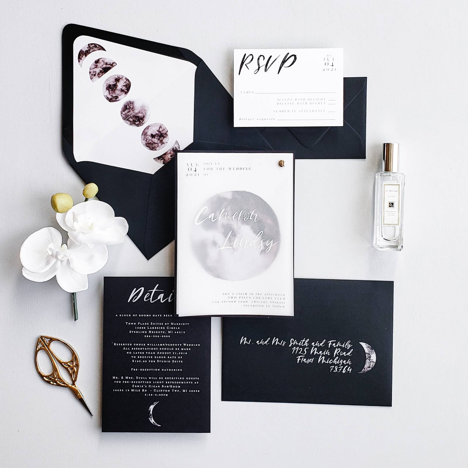 [vc_row][vc_column][vc_column_text]Purchase this listing to get a sample of our Lunar wedding invitation suite.

The sample includes:

• 5.25