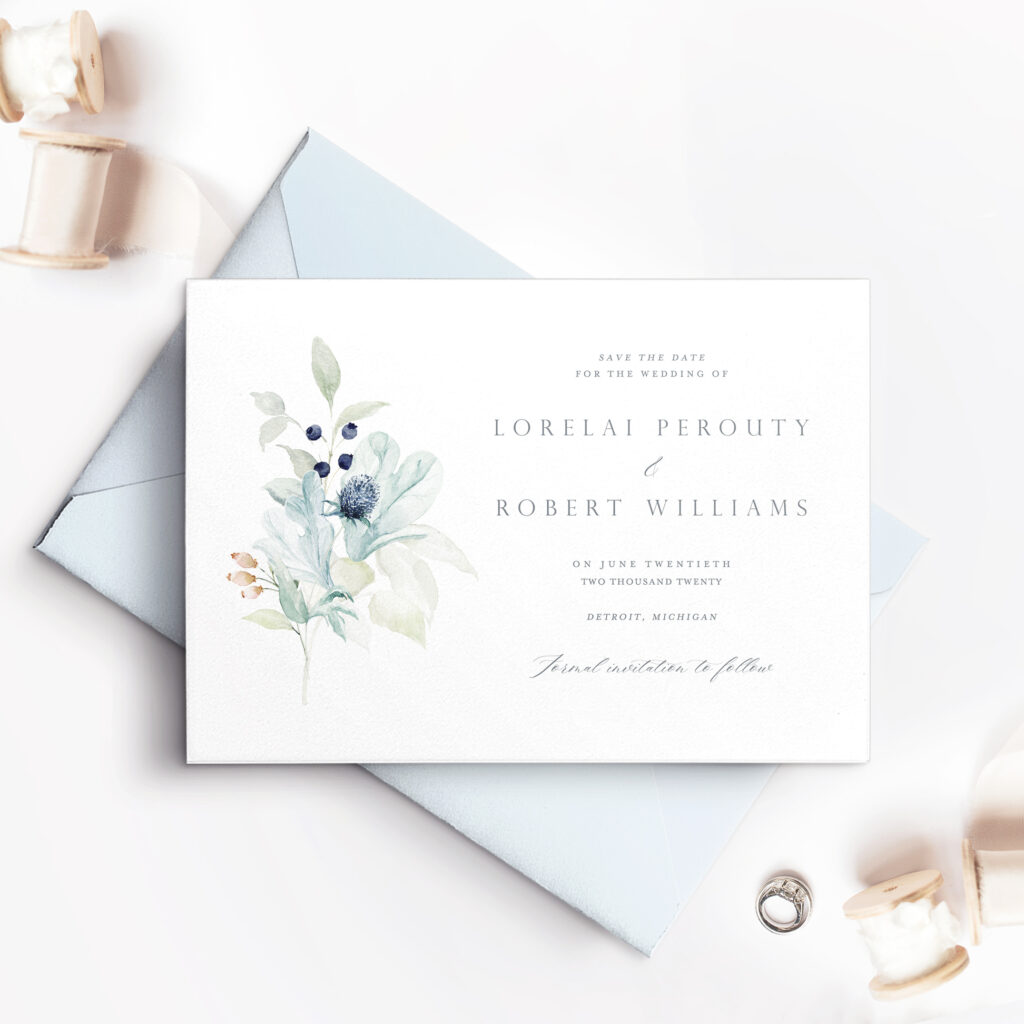 light blue and white save the date card with blue flowers