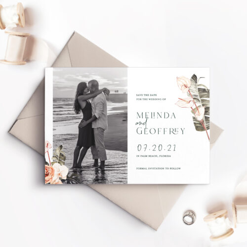 slate gray save the date card with photo of couple and flowers