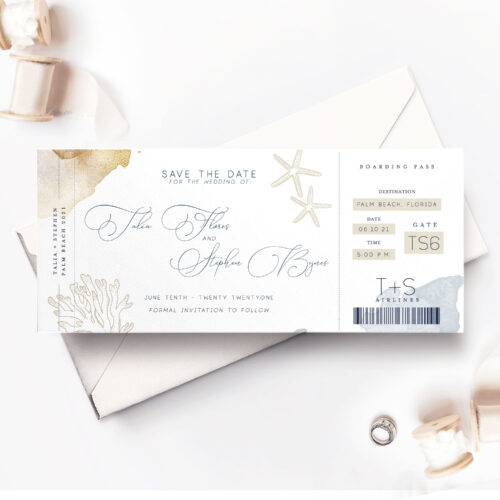 Seychelles save the date card with envelope and ribbons