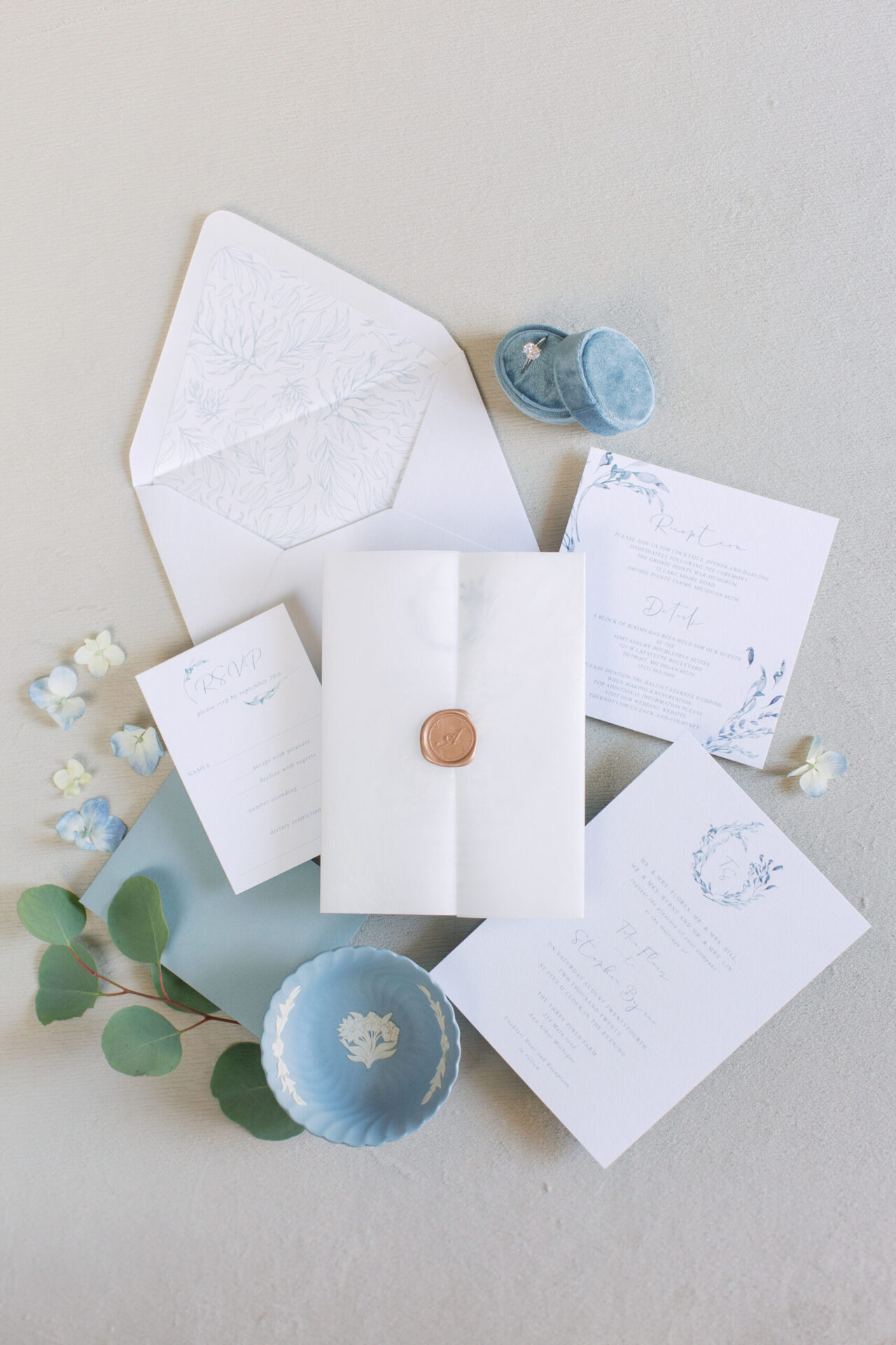 Blue Vellum wedding invitations, delicate wedding invites palce blue and white, spring invitations for wedding
