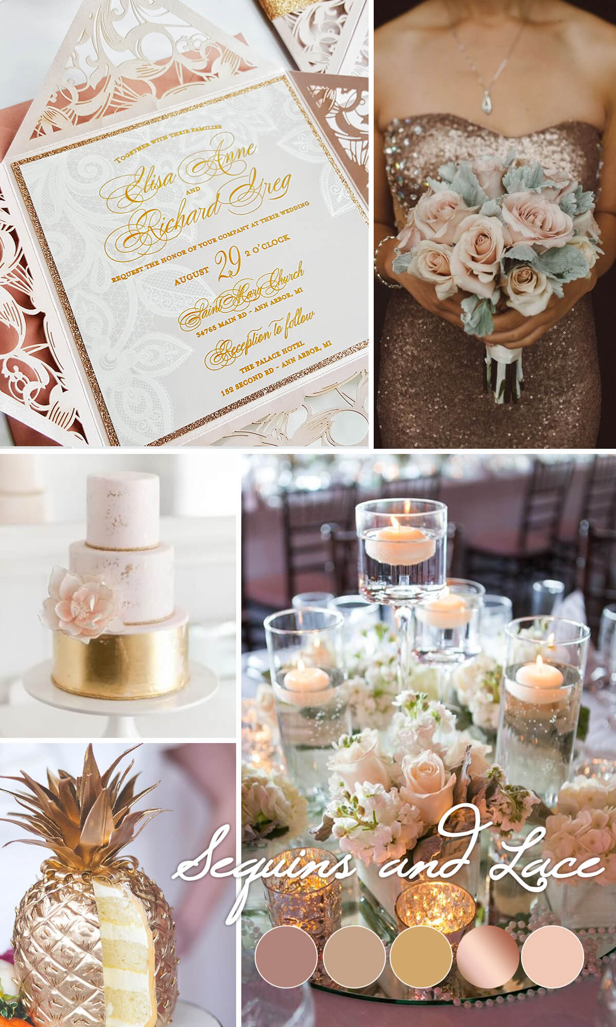 A wedding invitation, bouquet, cakes, and décor