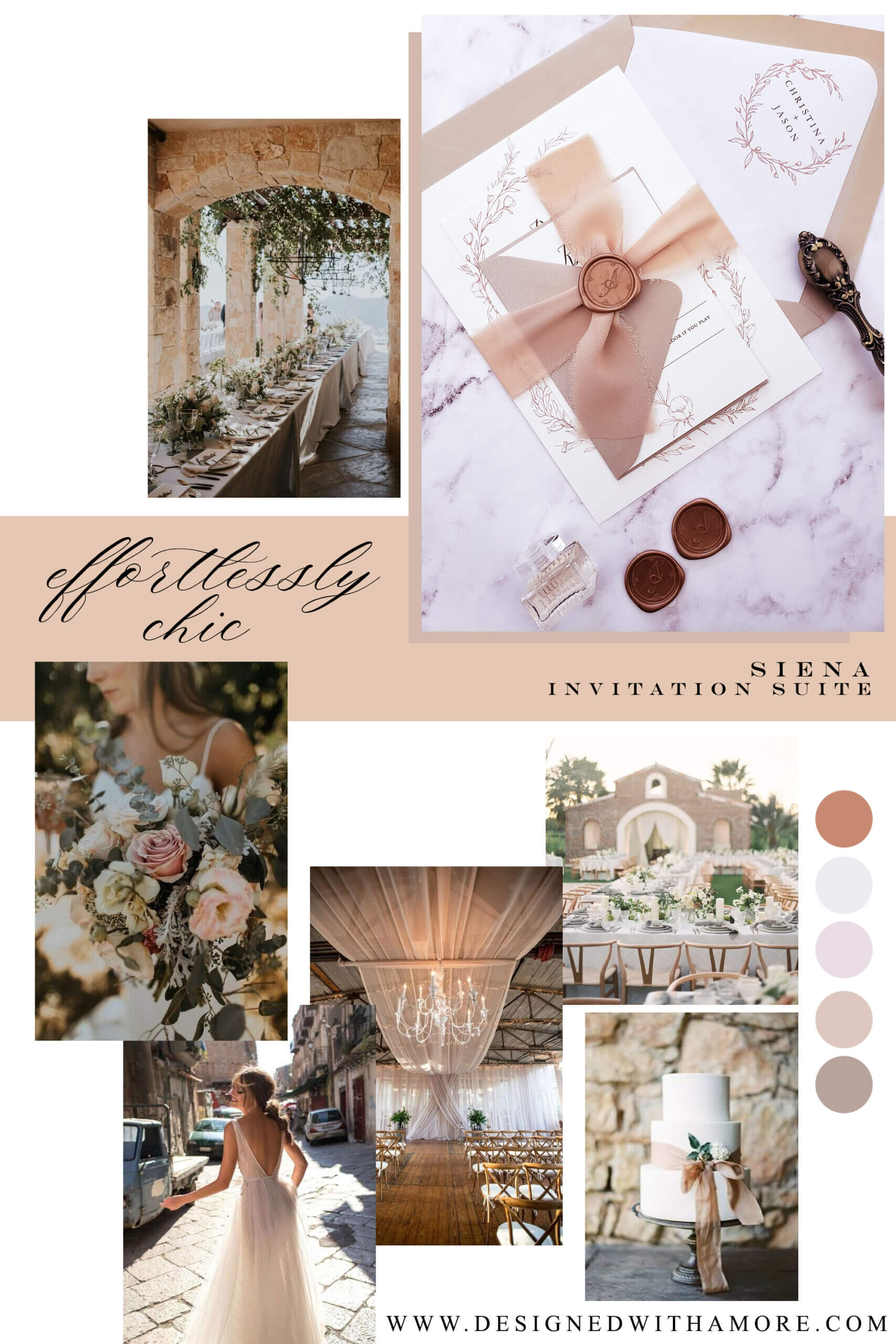 A collage of wedding invitations, venues, and cake