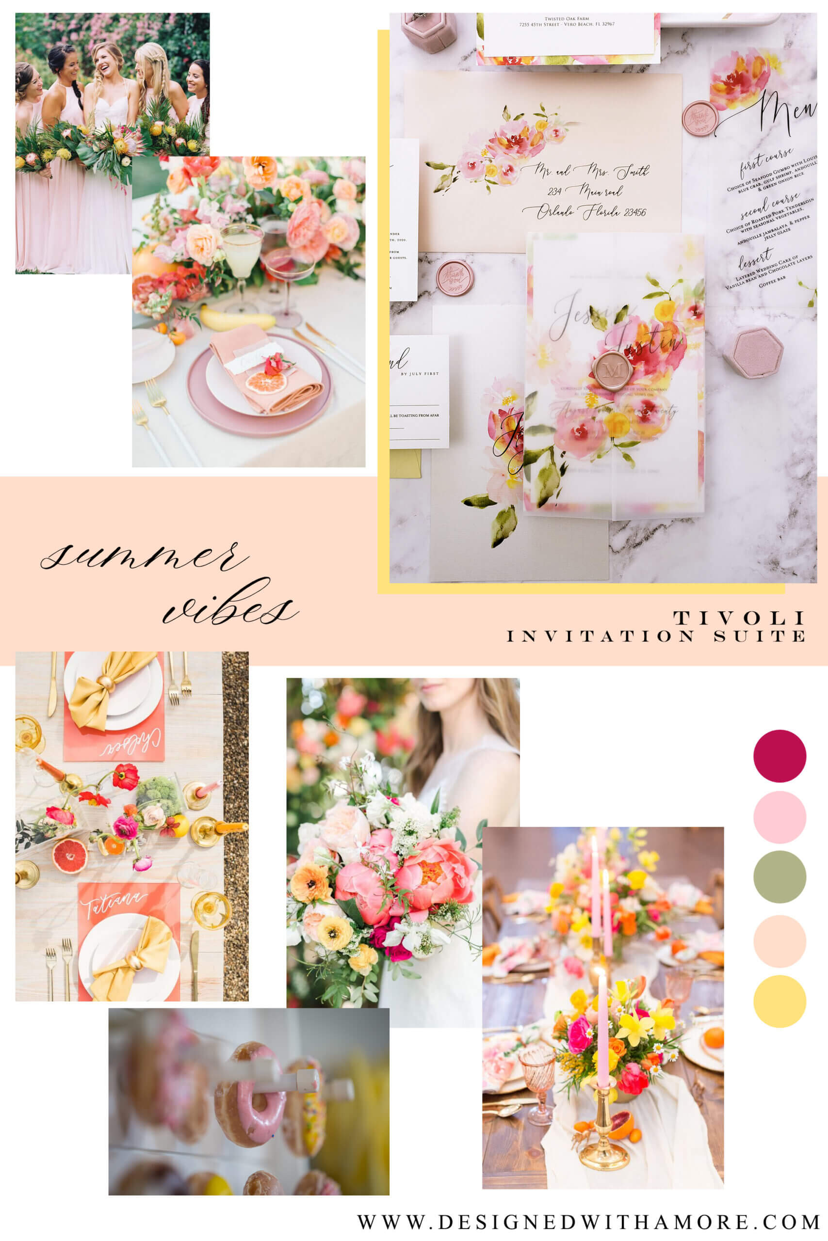 A collage of a wedding cake, tables, and gifts