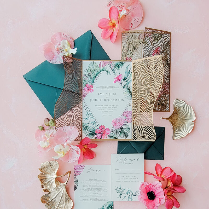 Tropical Gold Laser Cut Wedding Invitations – Elegant Island-Themed Design