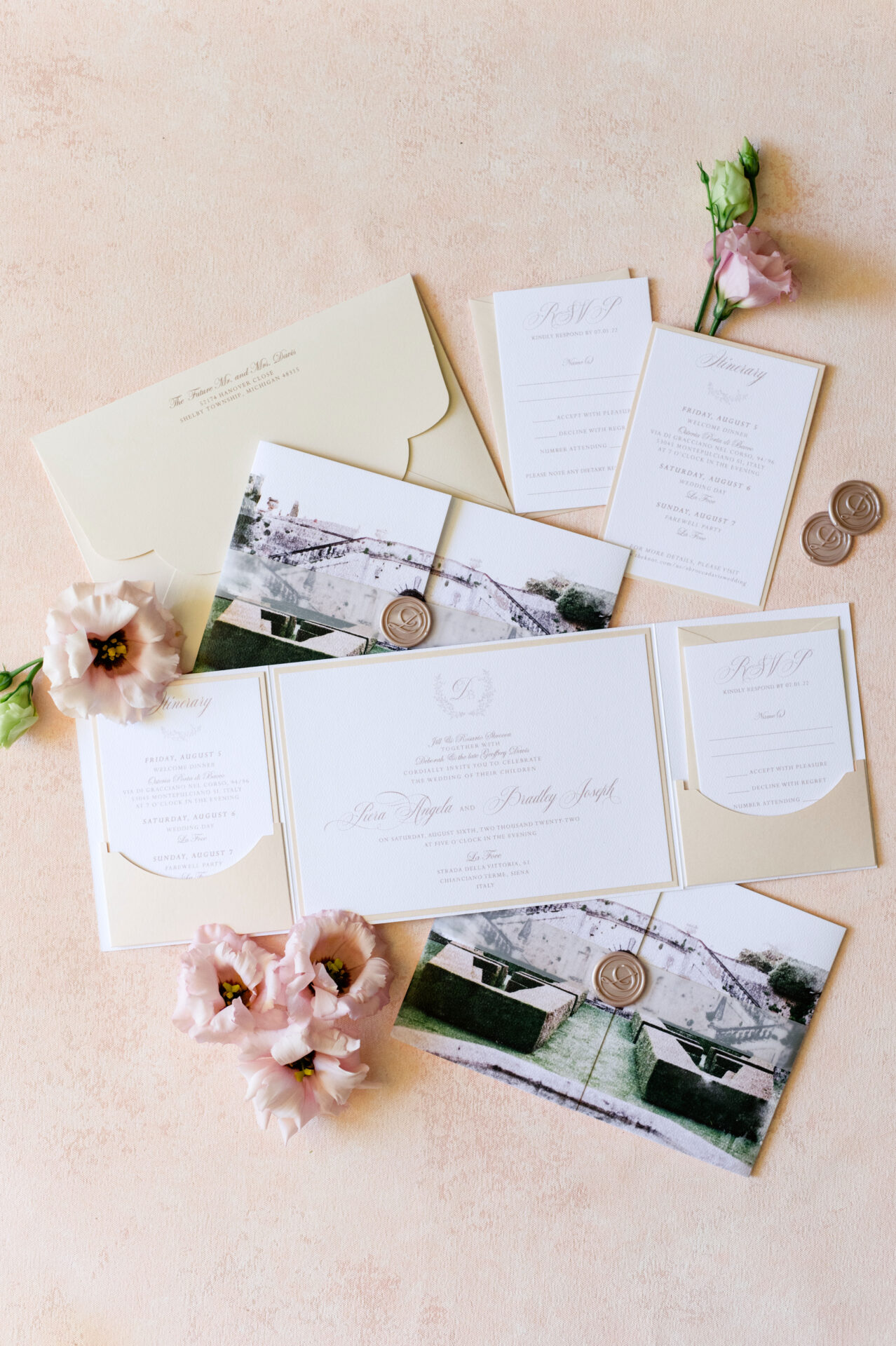 Elegant La Foce wedding invitation suite with custom watercolor venue illustration, blush wax seal, and gate folio design.