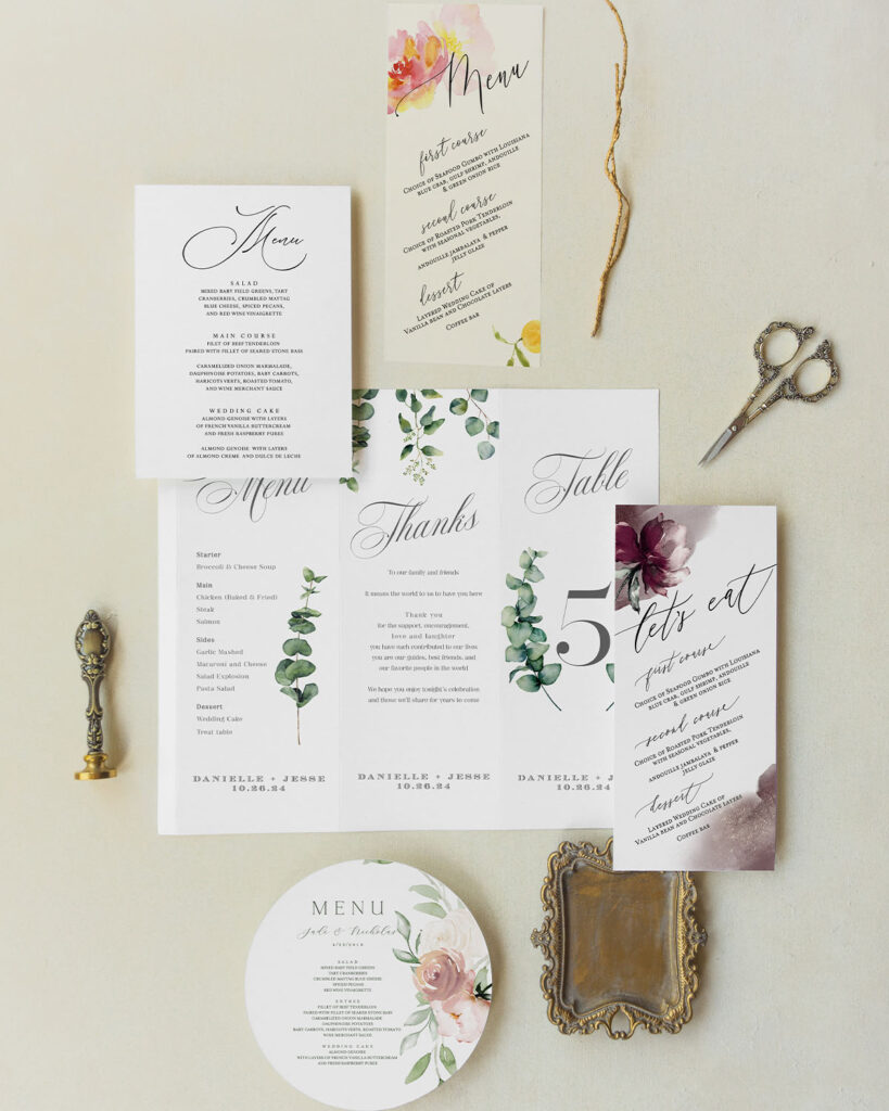 [vc_row][vc_column][vc_wp_text]
MENU CARDS
Menu cards are normally placed at each place setting, either on top or tucked into the napkin.  Rectangular 4″x8″ , 5″x7″ or 6″x6″ – 50 pcs ($2/ea) > $100  Vellum 4″x8″ , 5″x7″ or 6″x6″ – 50 pcs ($2/ea) > $100  Shaped – 50 pcs (starting at $3/ea) > $150     Displaying the menu as part of your tablescape is also a great idea; our trifold stands include 3 sides that can be used to display the menu, as well as a table number and even a thank you note  Standing trifolds 4″x10″ – 10 pcs ($6/ea) > $60  Layered standing trifolds 4″x10″ – 10 pcs ($12/ea) > $120  [/vc_wp_text][/vc_column][/vc_row][vc_row][vc_column][vc_column_text][/vc_column][/vc_row][vc_row][vc_column][vc_separator color=