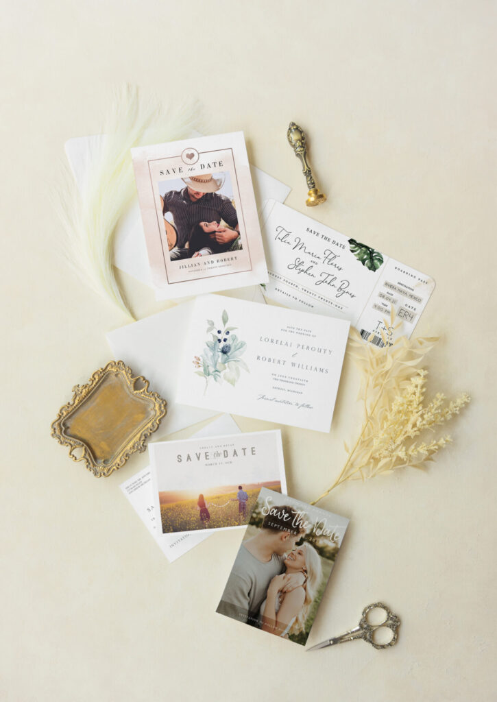 [vc_row][vc_column][vc_wp_text]
SAVE THE DATE CARDS
Save the dates are sent about 6 months before the wedding and precede the formal invitations. Sending out save the date cards is a great way to ensure your guests know the date of your wedding, and to get them excited about your big day. Save the date cards do not necessarily need to closely match your invitations, they can have a photo from your engagement photoshoot; however if you would like to keep your theme throughout your wedding, coordinate your save the date cards to your wedding invitations is a great way to go!
Our save the dates are available in 5 different styles:  Landscape (with or without photo) 5