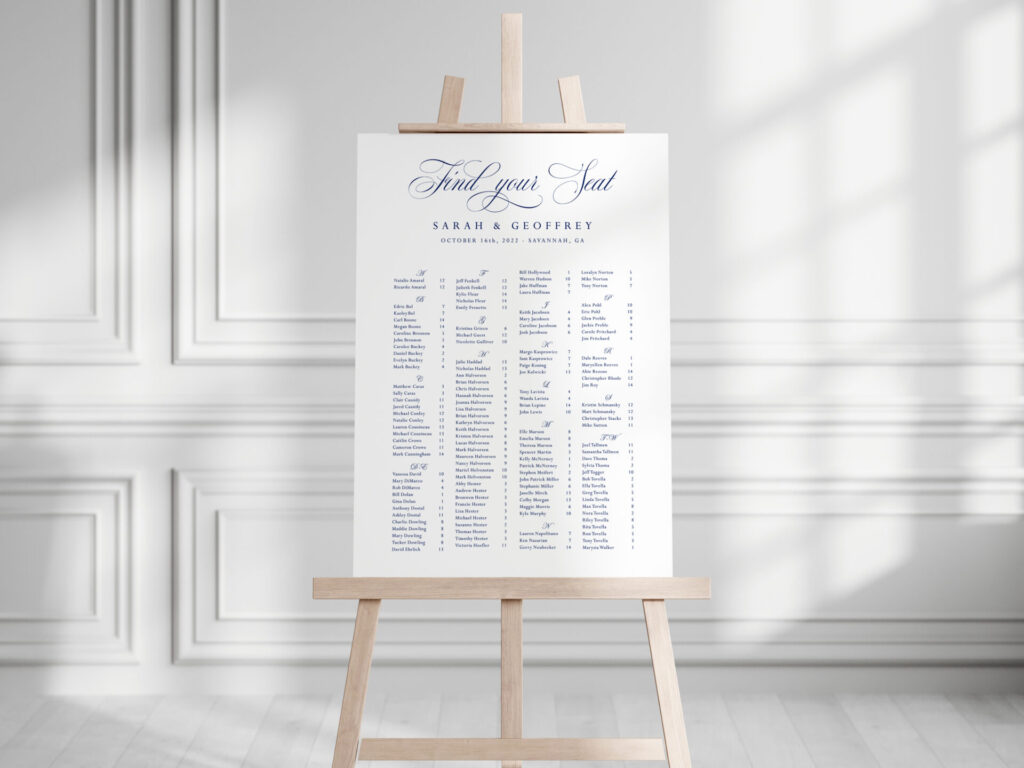 [vc_row][vc_column][vc_wp_text]
SEATING CHART / SIGNAGE
A seating chart is a way to visualize where people will sit in given room or during an event. A seating arrangement is almost always necessary for weddings over 50 guests. For smaller intimate weddings you may decide to have assigned seatings for the head table(s) and allow the rest of the guests to sit themselves. For larger weddings however a seating chart is required; you may decide to organize your seating chart by table (for small to medium weddings, up to a max of 18 to 20 tables) or alphabetically.  Our basic offering for seating chart include a digital file (flattened jpeg of pdf, not editable) for the specific design.  Seating chart digital file only $60
 Welcome sign digital file only $30  +  Poster: 24×18 (+$30) or 24x36 (+$50)
 Foam board: 24×18 (+$50) or 24x36 (+$70)
 Acrylic: 24×18 (+$100) or 24x36 (+$130)
 Frosted acrylic: 24×18 (+$130) or 24x36 (+$160)     Custom shape add-on (starting at +$50)  [/vc_wp_text][vc_row_inner][vc_column_inner width=