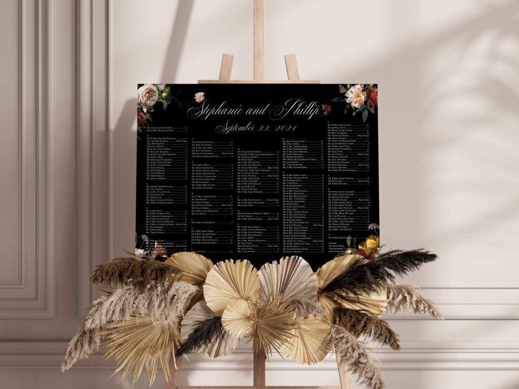 [vc_row][vc_column][vc_wp_text]
SEATING CHART / SIGNAGE
A seating chart is a way to visualize where people will sit in given room or during an event. A seating arrangement is almost always necessary for weddings over 50 guests. For smaller intimate weddings you may decide to have assigned seatings for the head table(s) and allow the rest of the guests to sit themselves. For larger weddings however a seating chart is required; you may decide to organize your seating chart by table (for small to medium weddings, up to a max of 18 to 20 tables) or alphabetically.  Our basic offering for seating chart include a digital file (flattened jpeg of pdf, not editable) for the specific design.  Seating chart digital file only $60
 Welcome sign digital file only $30  +  Poster: 24×18 (+$30) or 24x36 (+$50)
 Foam board: 24×18 (+$50) or 24x36 (+$70)
 Acrylic: 24×18 (+$100) or 24x36 (+$130)
 Frosted acrylic: 24×18 (+$130) or 24x36 (+$160)     Custom shape add-on (starting at +$50)  [/vc_wp_text][vc_row_inner][vc_column_inner width=