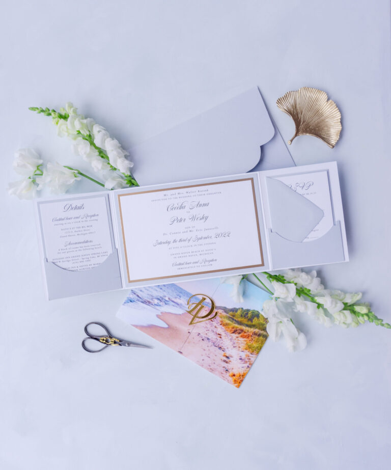 Luxury folio wedding invitations featuring custom venue illustrations, floral designs, and elegant hardcover folios for an upscale and sophisticated wedding look.