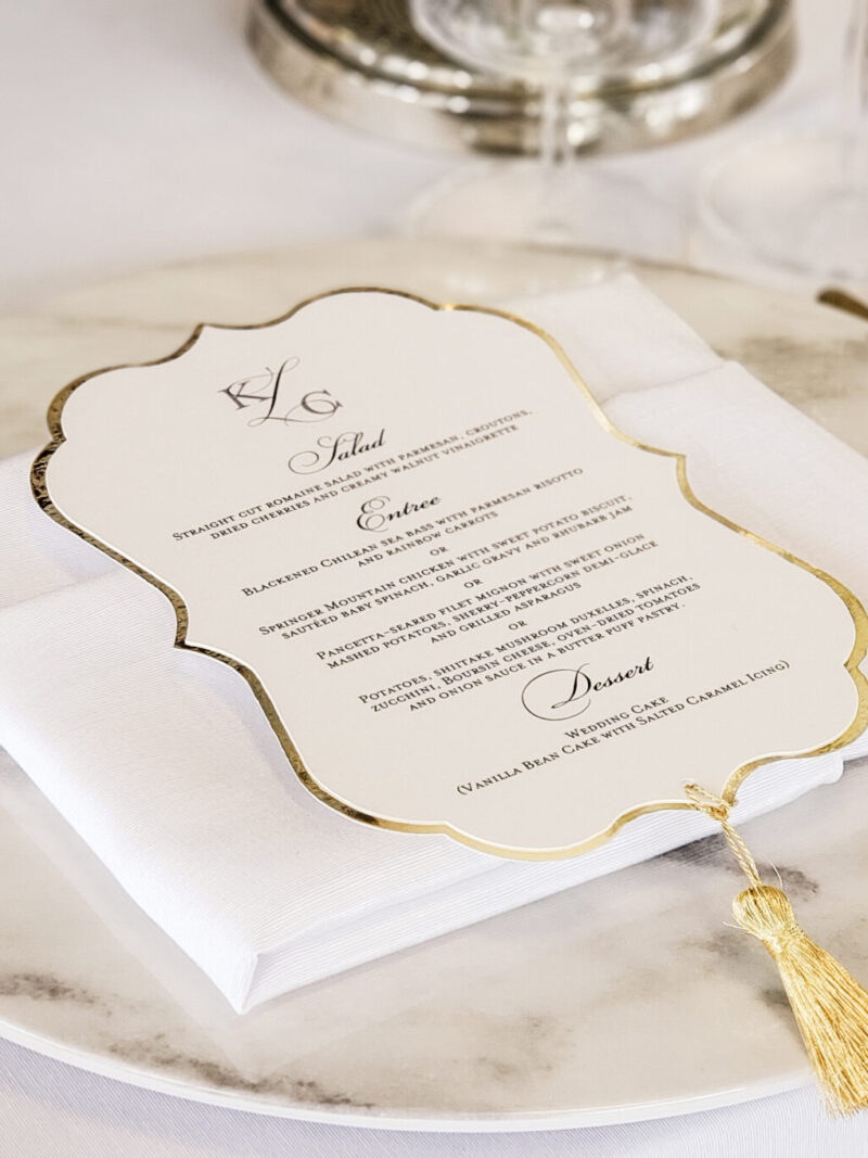 Couture ornate "Everlasting" menu with tassel