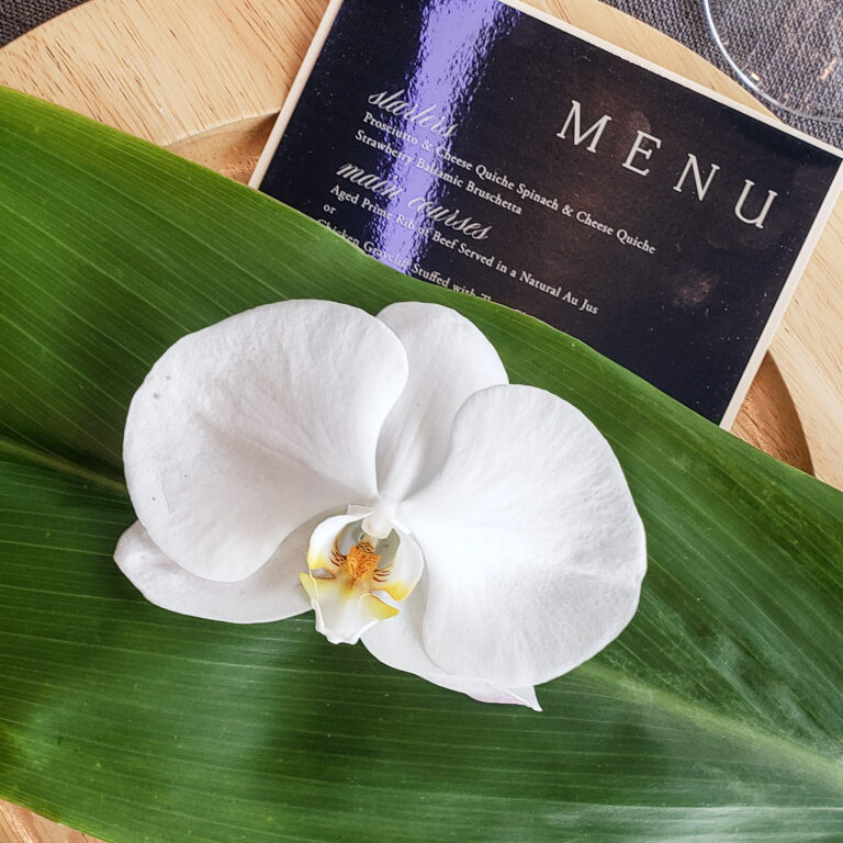 Modern black mirror paper square wedding menu with white ink printing and ivory backing