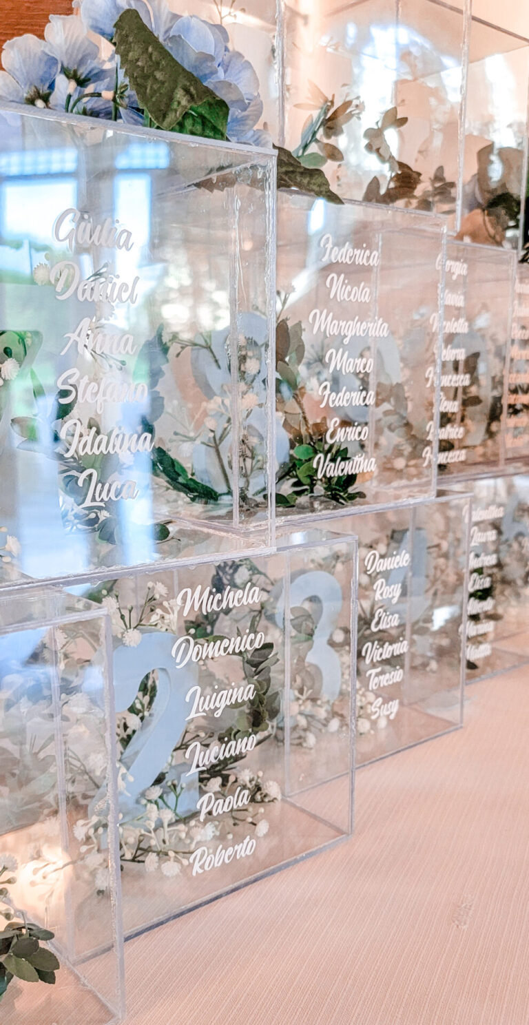 Elegant acrylic wedding seating chart with white calligraphy, featuring soft blue hydrangeas and lush greenery, perfect for a refined and romantic reception display