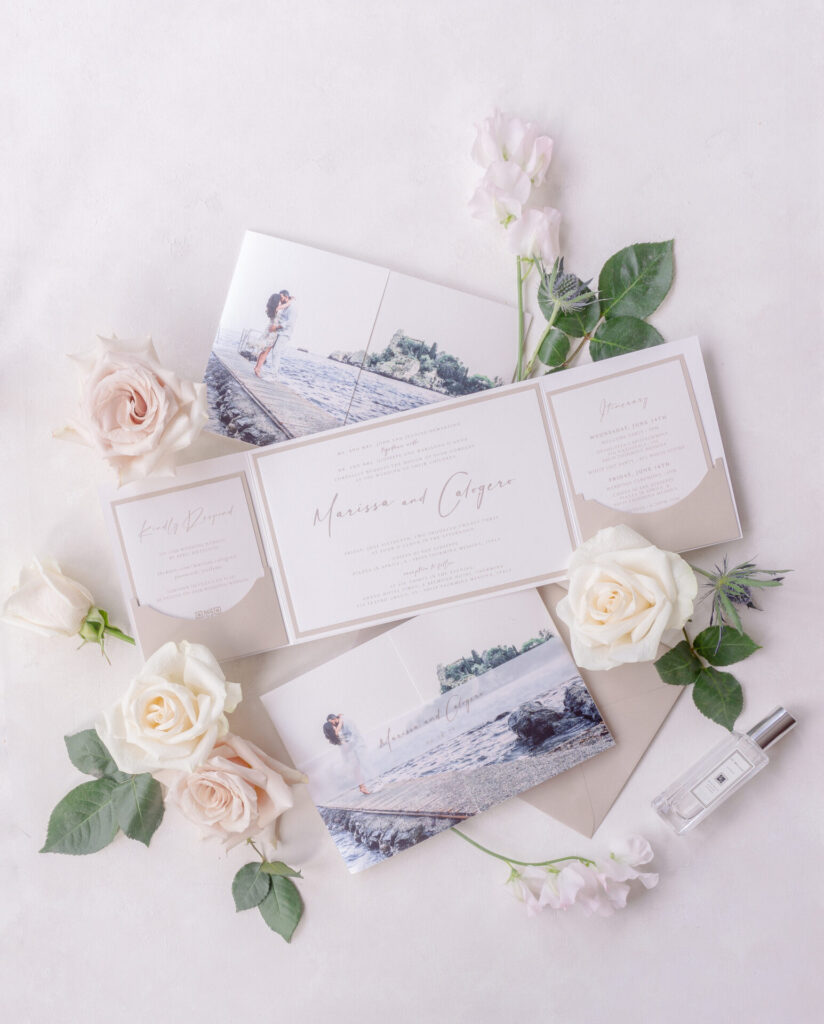 Grand Hotel Timeo wedding invitation suite featuring a custom gate-fold design, personalized photo cover, and elegant neutral tones.