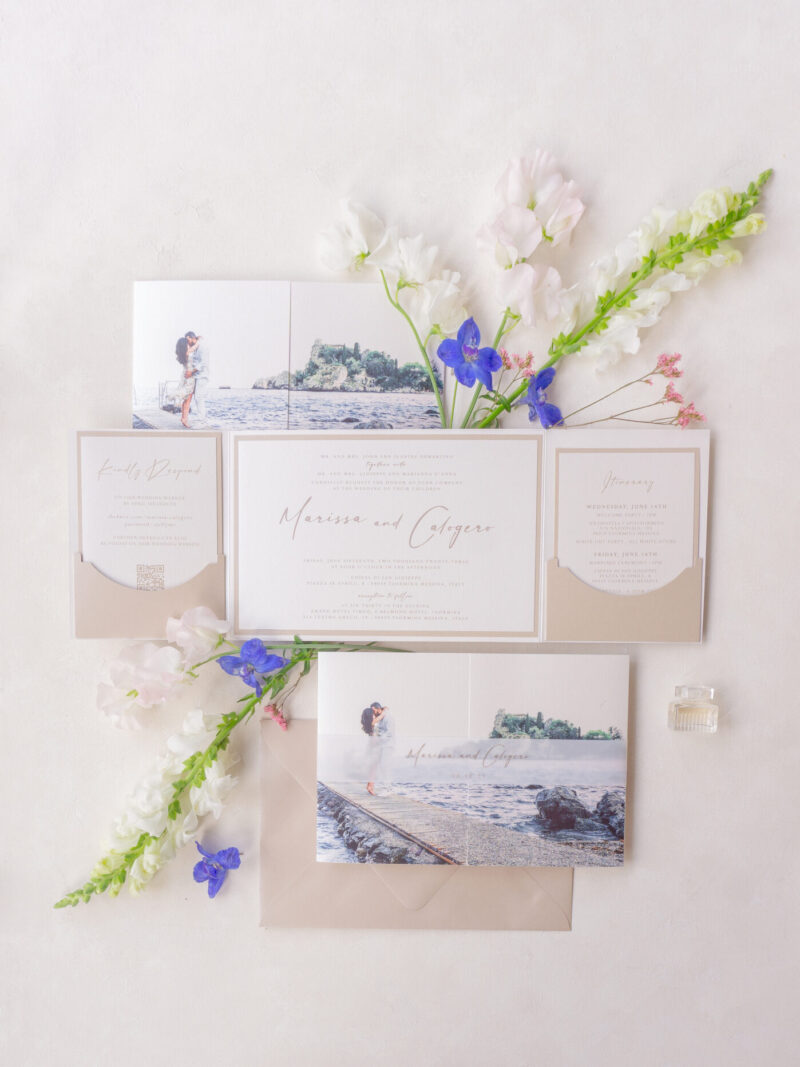 Neutral custom wedding folio invitation with customizable photo front for a destination wedding.