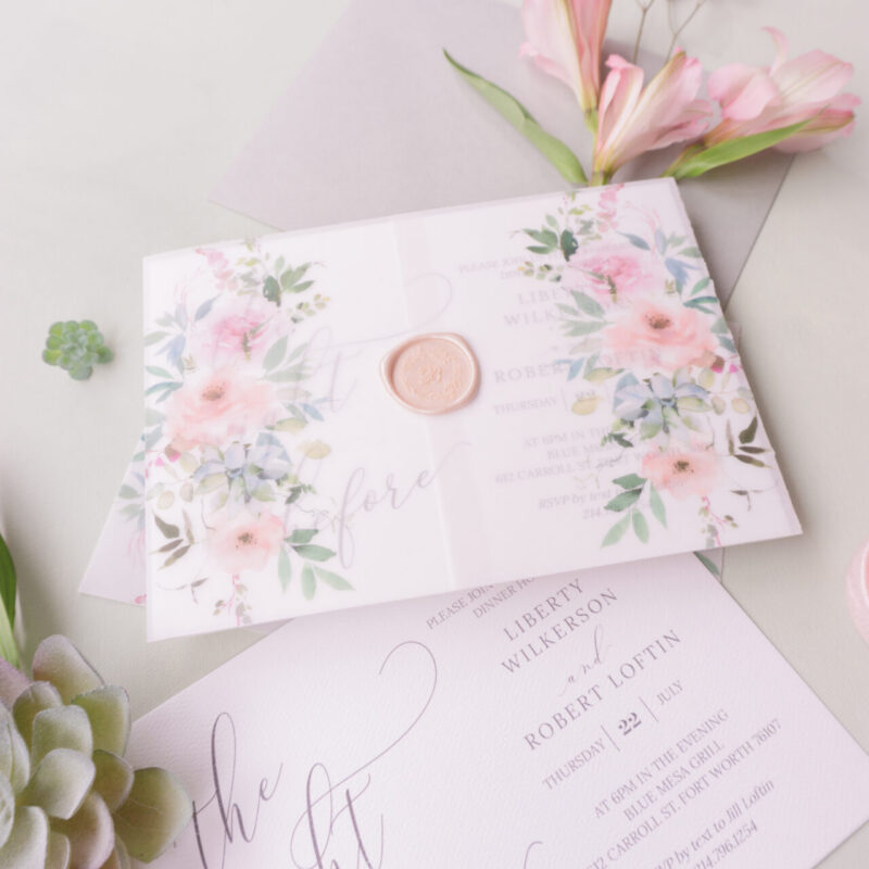 "Posey" vellum wrapped after party invite