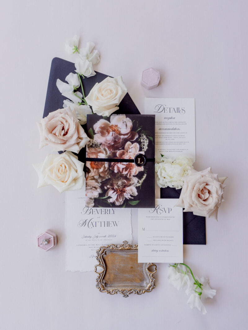 Elegant moody wedding invitations featuring gothic and dark romantic themes, with Victorian-inspired details and dark fantasy elements.