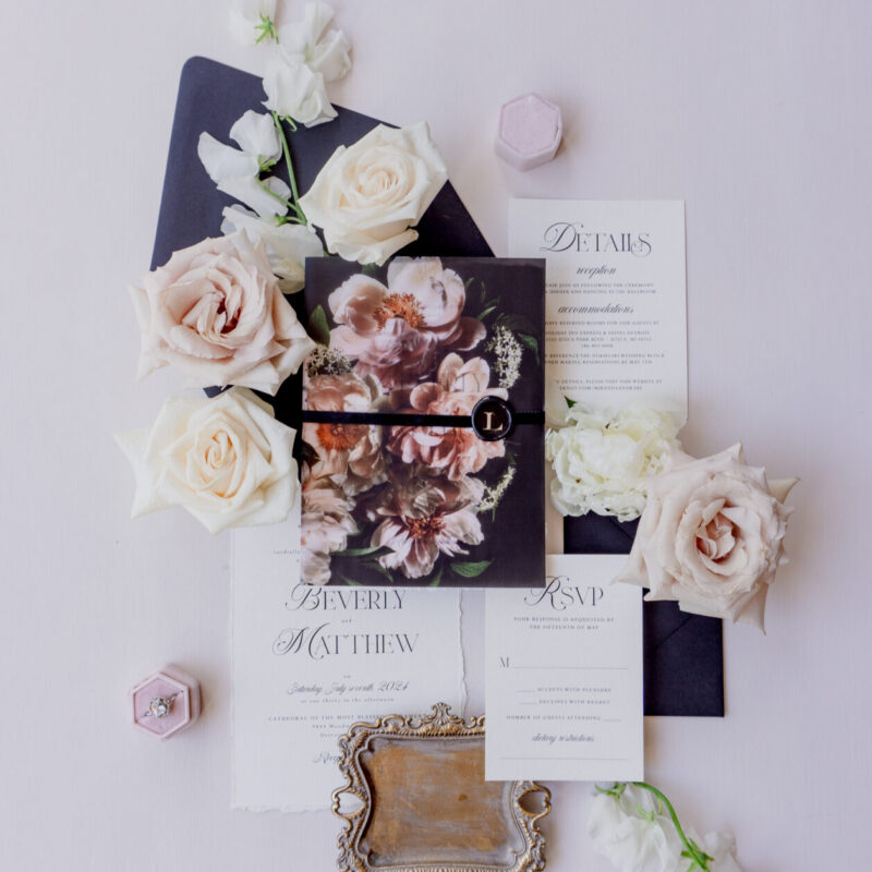 Elegant moody wedding invitations featuring gothic and dark romantic themes, with Victorian-inspired details and dark fantasy elements.