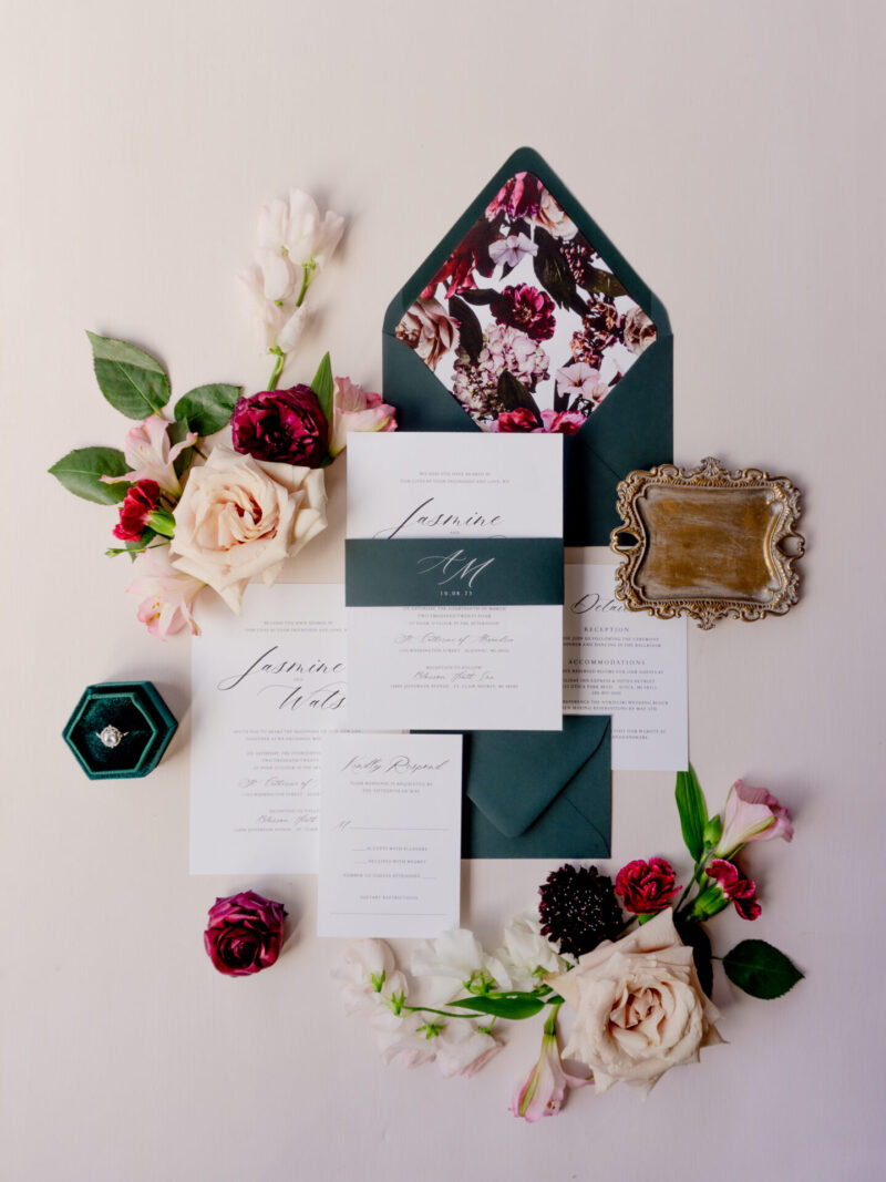 Collection of luxury wedding invitations featuring timeless designs, classic monogram options, and romantic letterpress printing for elegant weddings.