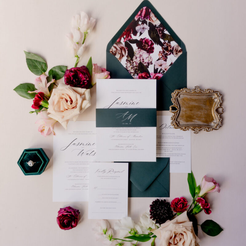 Collection of luxury wedding invitations featuring timeless designs, classic monogram options, and romantic letterpress printing for elegant weddings.