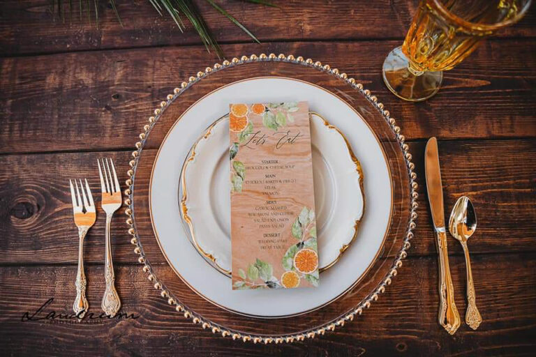 Lightweight wood veneer wedding menu with custom printed design