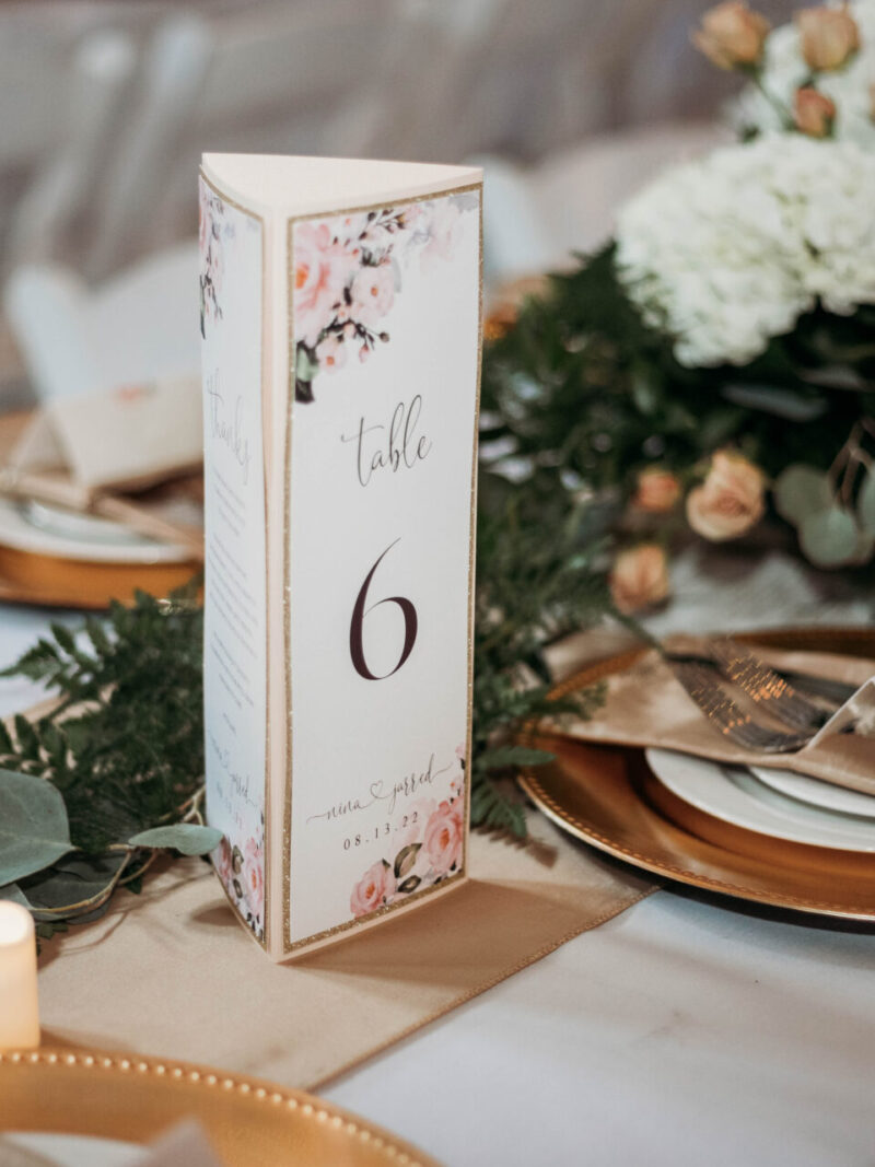 Trifold "Nina" table number, menu, thank you note