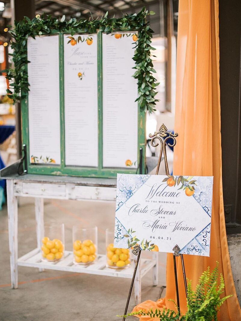 "Maria" welcome sign and custom seating arrangement