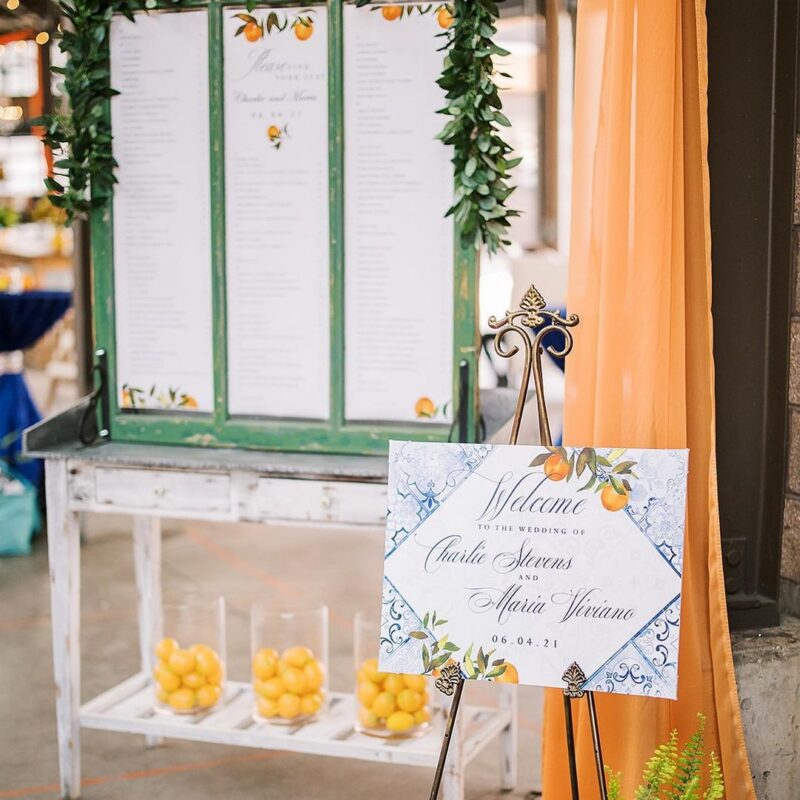 "Maria" welcome sign and custom seating arrangement