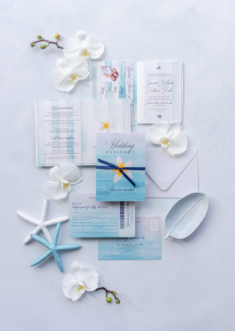 tropical destination wedding invitation passport with plumeria flower