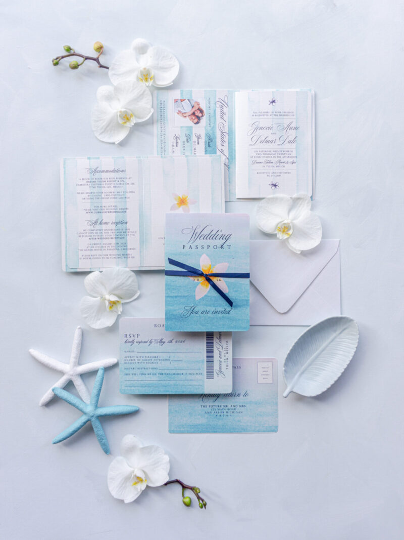 tropical destination wedding invitation passport with plumeria flower