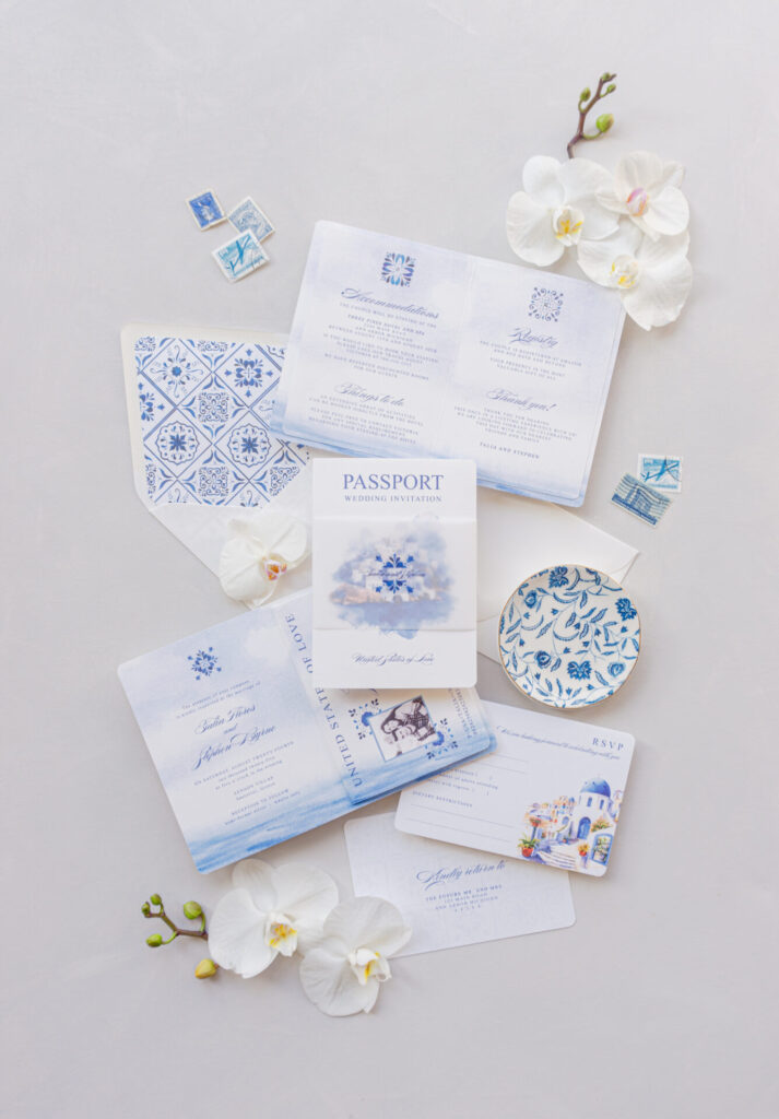 santorini wedding invitation passport, europe destination wedding