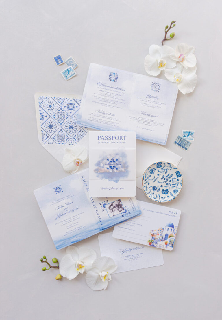 santorini wedding invitation passport, europe destination wedding