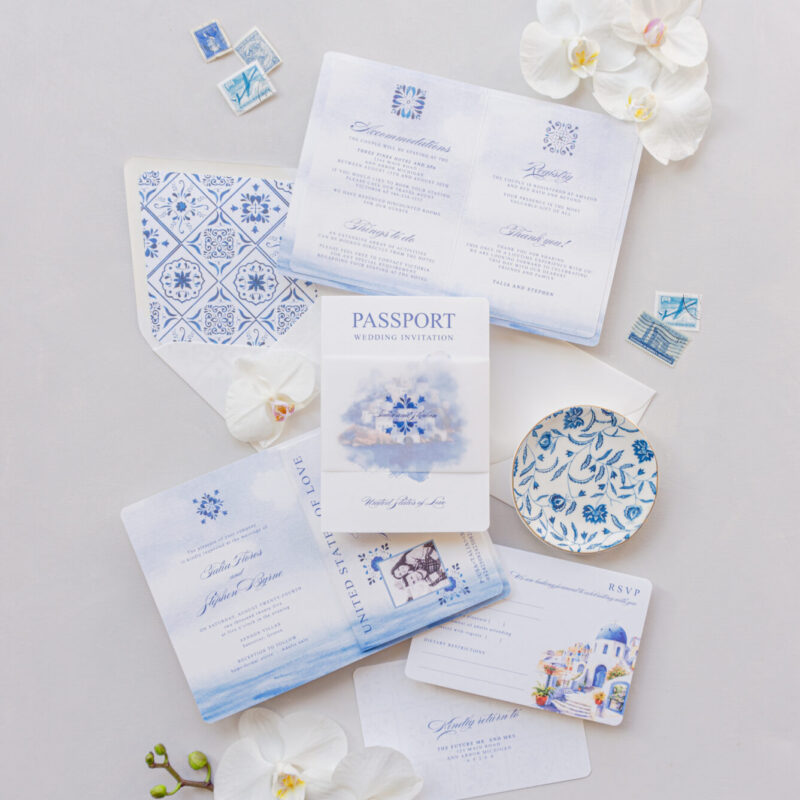 santorini wedding invitation passport, europe destination wedding