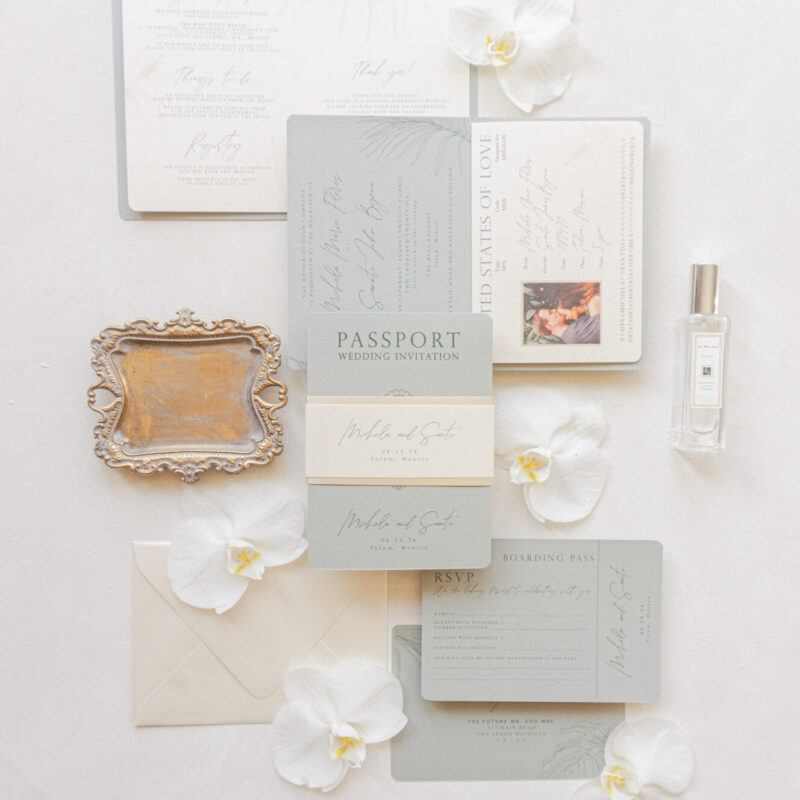 Sage green wedding invitation, tropical destination wedding invitation