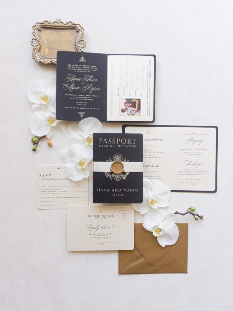 Passport invitation black elegant modern