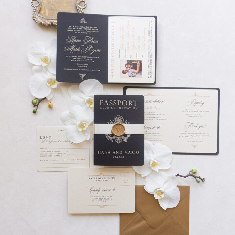 Passport invitation black elegant modern