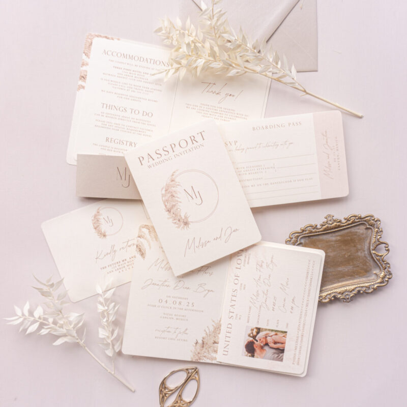 Pampas grass wedding invitation passport
