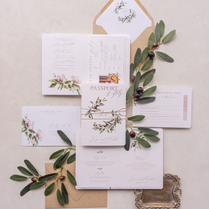 Italian inspired wedding passport invitation