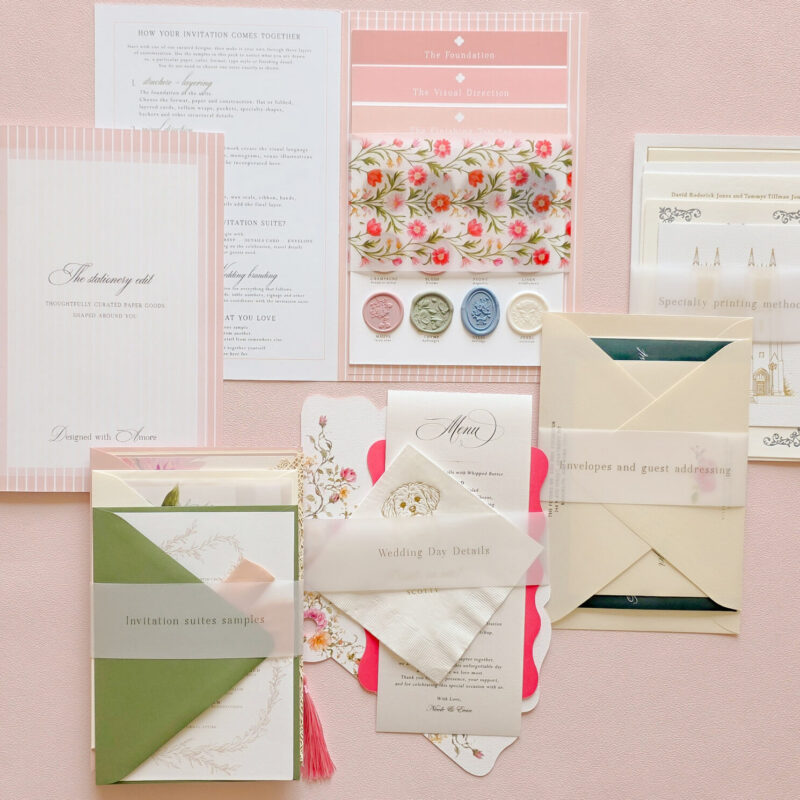 20261015_133058 Wedding stationery sample pack with organized invitation, envelope and printing samples