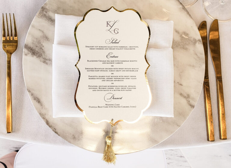 Examples of wedding menus at table settings, including individual menus per guest and shared center table menus for weddings and events