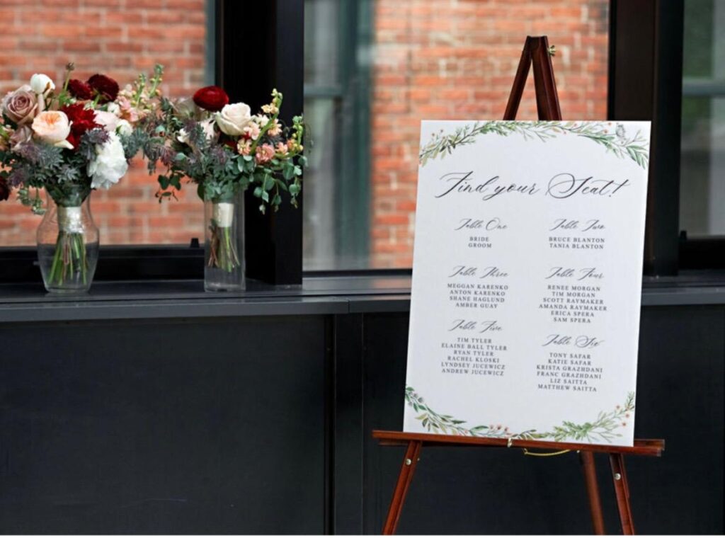 Elegant seating signage options for weddings and events - acrylic, foam board, poster, and large statement signs