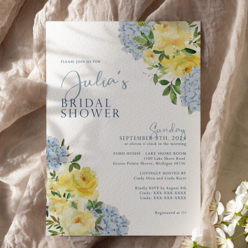 "Silas" yellow roses and hydrangeas